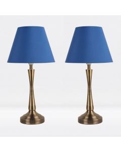 Set of 2 Antique Brass Plated Bedside Table Light with Curved Column Blue Fabric Shade