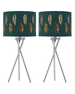 Set of 2 Tripod Table Lamps with Dark Green Fern Cut Out Shades
