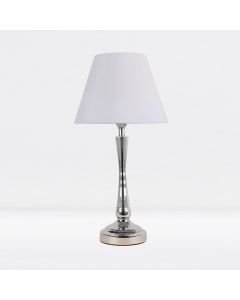 Chrome Plated Bedside Table Light with Curved Column White Fabric Shade