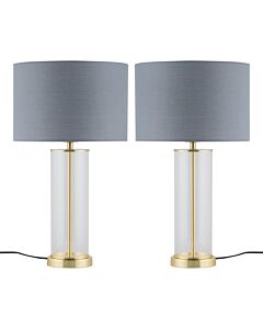 Set of 2 Aura - Satin Brass Lamps with Grey Cotton Shades