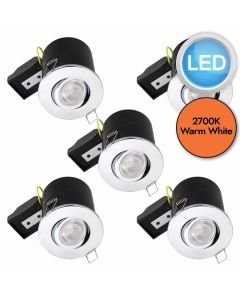 Set of 5 - Chrome Fire Rated Tilt Recessed Ceiling Downlights with Warm White LED Bulbs