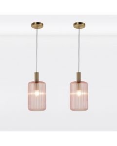 Set of 2 Blush Pink and Gold Fluted Glass Design Pendant Fittings