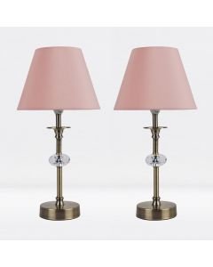 Set of 2 Antique Brass Plated Stacked Bedside Table Light Faceted Detail Blush Pink Fabric Shade