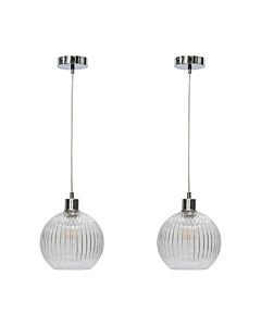 Set of 2 Betchley - Clear Ribbed Glass Globe with Chrome Pendant Fittings