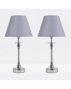 Set of 2 Chrome Plated Bedside Table Light with Ball Detail Column Grey Fabric Shade