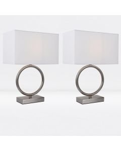 Set of 2 Satin Nickel Hoop Lamps with White Shade