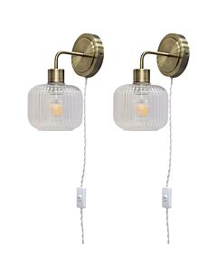 Set of 2 Toby - Antique Brass Plug in Wall Lights Barrel Ribbed Glass