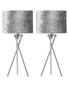 Set of 2 Chrome Tripod Table Lamps with Grey Crushed Velvet Shades