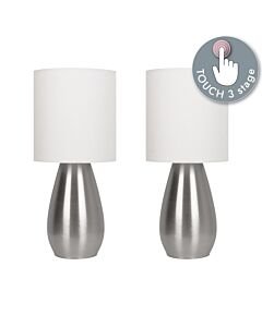 Set of 2 Bullet - Satin Nickel Touch Table Lamps with White Fabric Shades