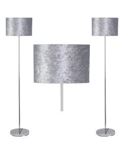 Set of 2 Chrome Stick Floor Lamps with Grey Crushed Velvet Shades