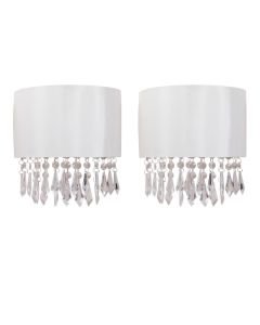 Set of 2 Jewelled Ivory Fabric Wall Lights With Clear Beaded Crystal Style Strings