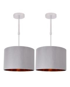Set of 2 Grey Faux Silk 30cm Drum Light Ceiling Adjustable Flush Shade with Copper Inner