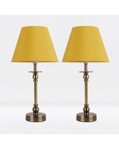 Set of 2 Antique Brass Plated Bedside Table Light with Ball Detail Column Ochre Fabric Shade