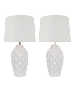 Set of 2 Textured White Gloss Glaze Ceramic Bedside Table Light with White Textured Cotton Fabric Shade