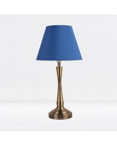 Antique Brass Plated Bedside Table Light with Curved Column Blue Fabric Shade