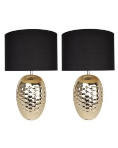 Set of 2 Textured Ceramic Bedside Table Light with Pale Gold Plated Finish and Black Textured Cotton Fabric Shade