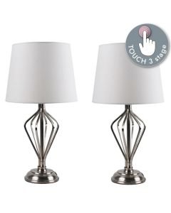 Set of 2 Satin Nickel Touch Table Lamps with Cream Shades