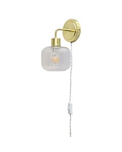 Toby - Satin Brass Plug in Wall Light with Batley Ribbed Glass Shade