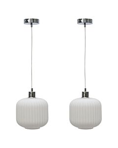Set of 2 Bento - White Ribbed Glass with Chrome Pendant Fittings