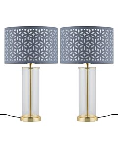 Set of 2 Aura - Satin Brass Lamps with Grey Cut Out Shades