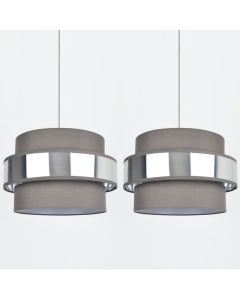 Set of 2 Easy Fit 2 Tier Grey Fabric & Brushed Silver Plated Banded Ceiling Shade