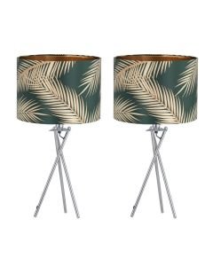 Set of 2 Tropica - Chrome Tripod Table Lamps with Dark Green and Gold Leaf Embossed Shade