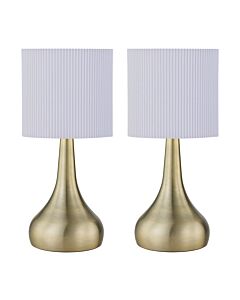 Set of 2 Romana - Antique Brass Touch Operated Table Lamps Bedside Lights White Pleated Shade