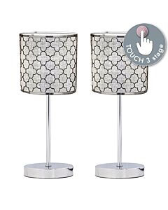 Set of 2 Chrome Touch Operated Table Lamps with Cut Out Grey Shades