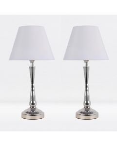 Set of 2 Chrome Plated Bedside Table Light with Curved Column White Fabric Shade