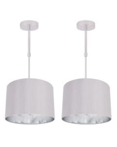 Set of 2 Grey Faux Silk 30cm Drum Light Ceiling Adjustable Flush Shade with Chrome Inner