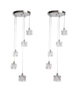 Pair of Chrome 5 Light Cluster Fitting with Ice Cube Glass Shades