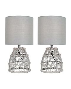 Set of 2 Bamboo - Grey Wash Bamboo 32cm Table Lamps With Grey Fabric Shades