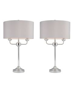 Pair of Polished Chrome Twin Arm Table Lamp with Grey Cotton Shades