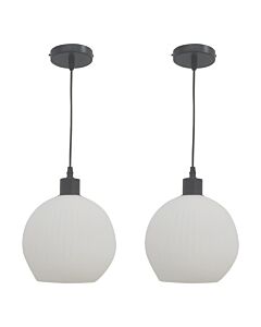 Set of 2 Betchley - White Ribbed Glass Globe with Black Pendant Fittings