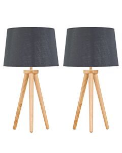 Set of 2 Light Oak Table Lamp or Bedside Lights with Grey Silver Shade
