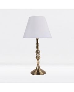 Antique Brass Plated Bedside Table Light with Candle Column White Fabric Shade