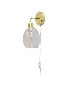 Toby - Satin Brass Plug in Wall Light with Birch Fluted Glass Shade