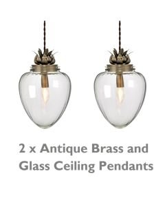 Pair of Glass & Antique Brass Ceiling Pendants