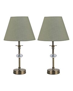 Set of 2 Antique Brass Lamps with Facet Detail and Sage Green Shades