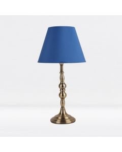Antique Brass Plated Bedside Table Light with Candle Column Blue Fabric Shade