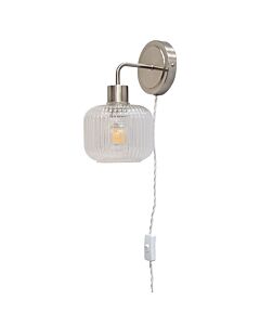Toby - Satin Nickel Plug in Wall Light with Batley Ribbed Glass Shade