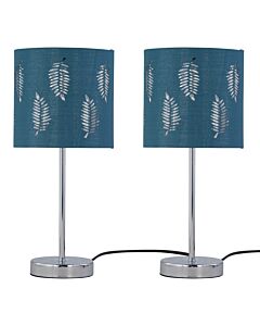 Set of 2 Chrome Stick Table Lamps with Teal Fern Cut Out Shades