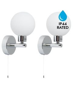 Pair of Polished Chrome IP44 Bathroom Globe Wall Light With Pull Cord Switch