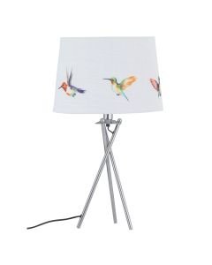 Hummingbird - Chrome Tripod Table Lamp with Linen Bird Print Shade