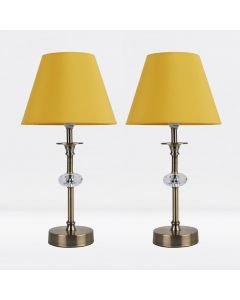Set of 2 Antique Brass Plated Stacked Bedside Table Light Faceted Detail Ochre Fabric Shade