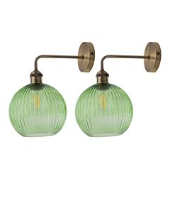 Set of 2 Isaac - Antique Brass Wall Lights with Green Ribbed Shades