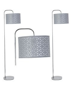 Set of 2 Chrome Arched Floor Lamps with Grey Laser Cut Shades