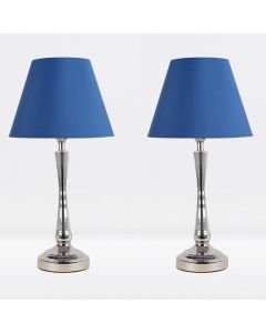 Set of 2 Chrome Plated Bedside Table Light with Curved Column Blue Fabric Shade