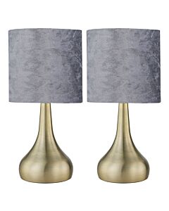 Set of 2 Romana - Antique Brass Touch Operated Table Lamps Bedside Lights Grey Crushed Velvet Shade
