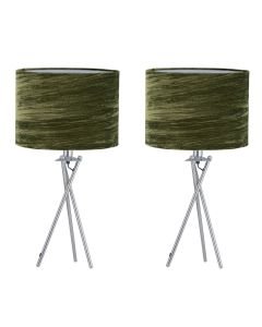 Set of 2 Chrome Tripod Table Lamps with Green Crushed Velvet Shades